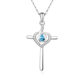 925 Sterling Silver Cross Birthstone Necklace for Women Cross Water Drop Pendant Necklaces Trendy Christmas Mothers Day Valentine's Day Anniversary Jewelry Gift for Women Her Wife Girlfriends (WaterDrop-10th) (Waterdorp-03-March)