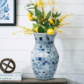 Escenzy Modern Flower Vases Home Decor | 8" Mosaic Glass Vase for Centerpiece Table Decoration | Premium Vase Decor for Living Room Table Wedding Bedroom Kitchen Office | Blue
