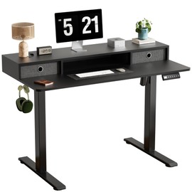 CROWNFURN 48x24 Inch Electric Standing Desk with 2 Drawers,Height Adjustable Stand up Desk with Splice Board,with 3 Presets & 2 Hooks for Home Office(Black)