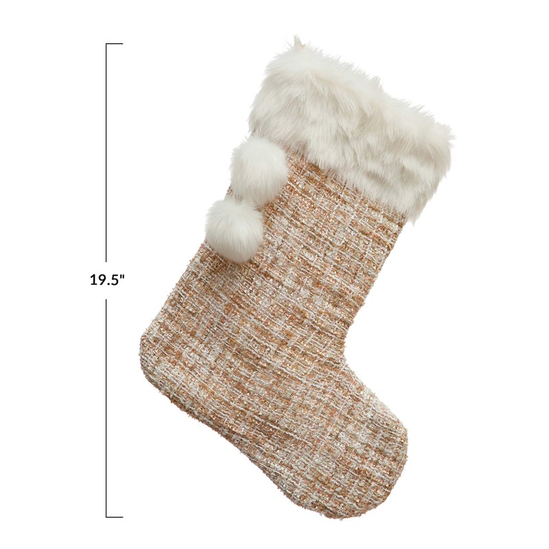 Creative Co-Op 19-1/2"H Fabric Bouclé Stocking w/Faux Fur Trim Poms,