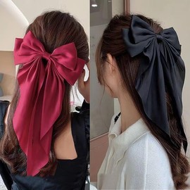 ​2 Pcs Bow Hair Clip, Big Bow Barrettes Long Tail French Ribbon, Hair Bows for Women, Hair Clips with Long Ribbon, 90's Bowknot Accessories for Party Valentine's Day Women Girl (Black Red)