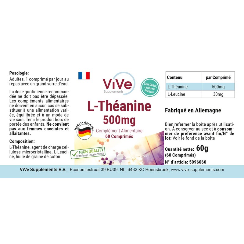 L-Theanine Tablets, 500 mg, 60 Tablets, High Dose, Vegan, Quality