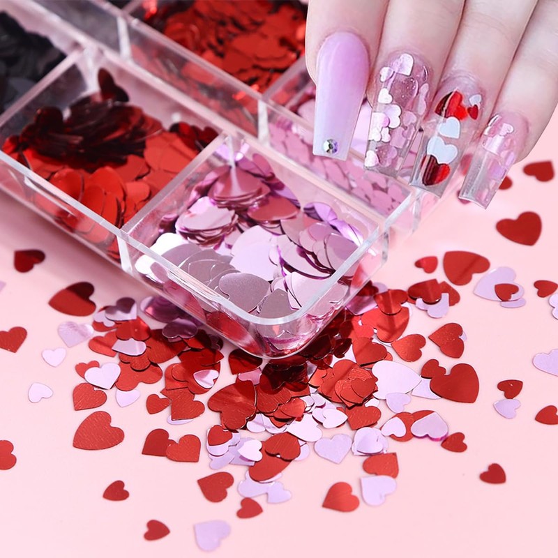 6 Grids Heart Nail Art Glitter Sequins Valentine's Day Nail