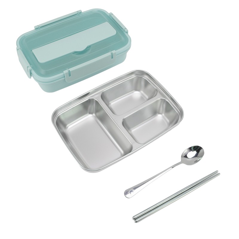 Lunch Box 3 Compartments 304 Stainless Steel Plastic Matching Spoon