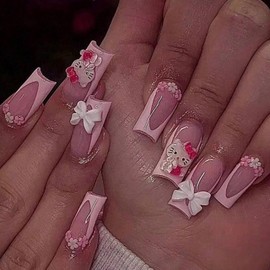 24Pcs French Tip Press on Nails Medium Pink False Nails with Bow Design, Cartoon Cute Nails Press ons Pink Stick on Nails Acrylic Nails Square False Nails for Women
