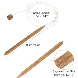 HARFINGTON Bamboo Tunisian Circular Crochet Hook 9mm (US M/13) Afghan Wood Knitting Hook Needles with Cable and Bead End for Weave Crocheting Craft Yarn, Brown