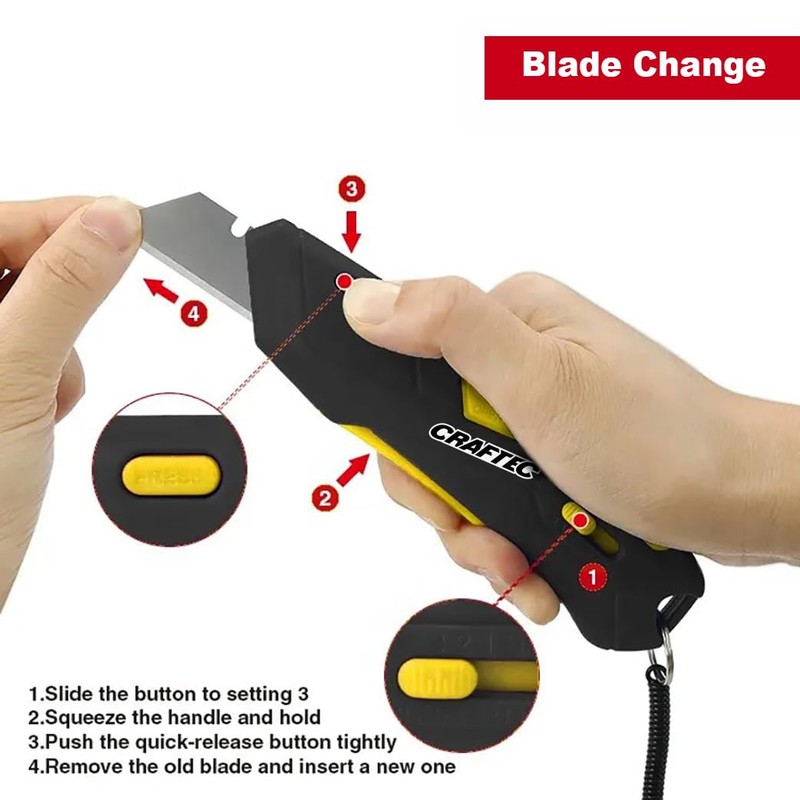 Craftec Retractable Utility Knife Box Cutter with Holster & Lanyard