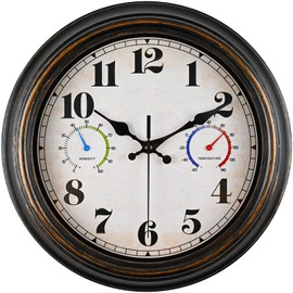 Dyreps Outdoor Clock Thermometer Combo - Retro Silent Wall Clocks, 12Inch Large Indoor Outdoor Clock with Temperature and Humidity, Battery Operated Non Ticking Classic Vintage Clocks Wall Decorative