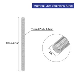 sourcing map 8Pcs Fully Threaded Rod, M5 x 80mm 304 Stainless Steel Right Hand Thread Bar Studs M5-0.8 Thread Pitch for Furniture Machinery Assembly