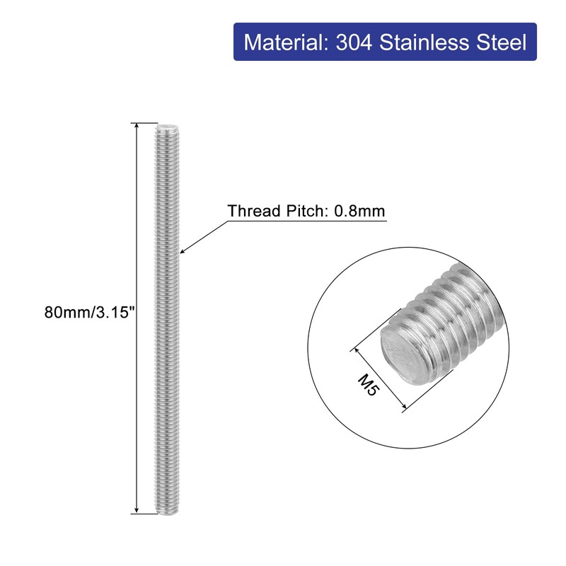 sourcing map 8Pcs Fully Threaded Rod, M5 x 80mm 304