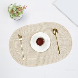 Set of 6 Placemats, Oval Place Mats, Heat Resistant Place Mats, Non-Slip Wipe Clean Placemats, Braided Placemats, Coasters, for Wedding, Party, Birthday, Restaurant, Kitchen, 50 x 35 cm, Milky White