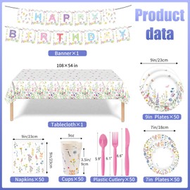 353 PCS Wildflower Party Decorations for 50 Guests Spring Floral Plates and Napkins Sets Supplies Include lates, Cups, Napkins, Cutlery, Banner, Tablecloth