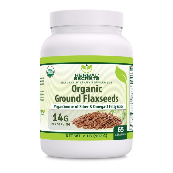 Herbal Secrets USDA Organic Ground Flaxseeds 2 Lbs Powder | 14 Grams Per Serving | 65 Servings | Excellent Vegan Source of Fiber & Omega -3 Fatty Acids | Non-GMO (2 Lb)