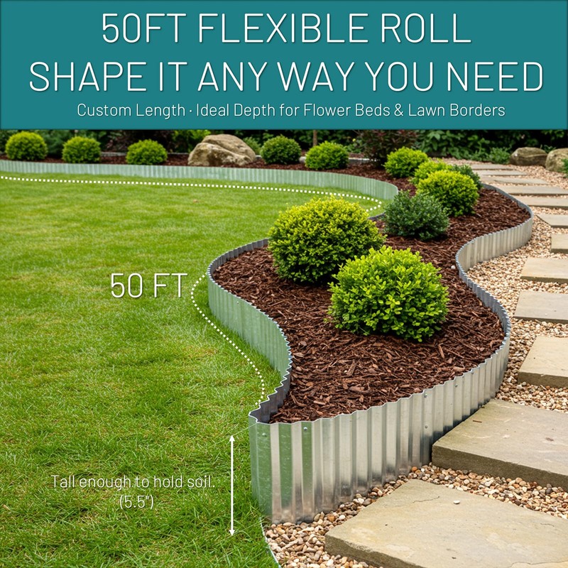 50FT Galvanized Steel Corrugated Metal Landscape Edging – Flexible &