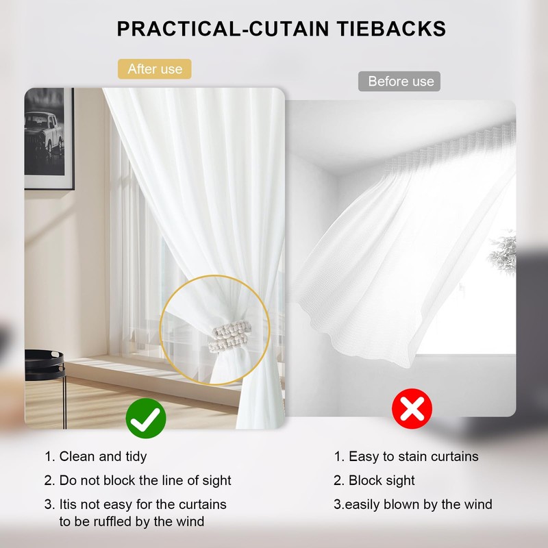 Vesaneae 4 PCS Braided Curtain Tiebacks, Hand Woven Boho Curtains