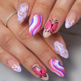 Press on Nails Almond Medium, Artificial Acrylic Fake Nails with Flower Butterfly Design, Full Cover Reusable Colorful Stripe Glossy False Nails, Glue on Nails for Women, Stick on Nails for Nail Art