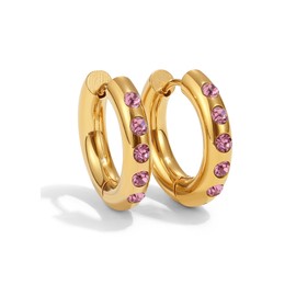 PANSTAR Pink CZ Small Gold Hoop Earrings for Women, 18K Gold Plated Earrings, Anniversary Day Gift for Her, Cubic Zirconia Gold Vermeil Huggies