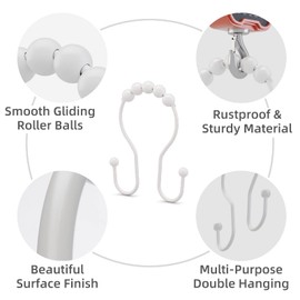 White Shower Curtain Hooks, Bathway Shower Curtain Hooks Shower Curtain Rings Rust Proof Smooth Glide Double Shower Hooks ShowerRings, Metal Shower Hooks for Shower Curtain and Rod, 12 Pcs