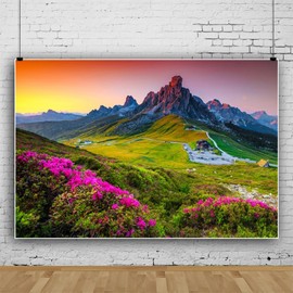 OFILA Mountain Backdrop 10x8FT Natural Scenery Photography Background Sunset Sunrise Floral Flowers Outdoor Travel Holiday Baby Shower Birthday Wedding Party Decor Kids Adults Portrait Photo Studio