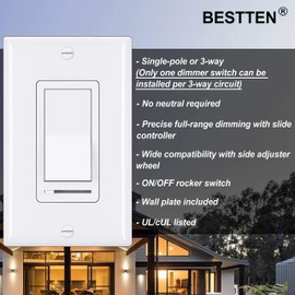 [6 Pack] BESTTEN Rocker Dimmer Switch for Dimmable LED, Halogen and Incandescent Bulbs, Single-Pole or 3-Way, 120V, UL Listed, White