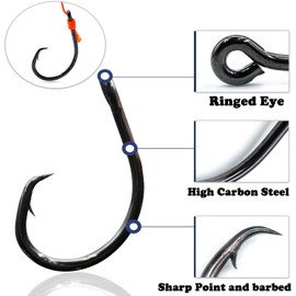 FishTrip - Ganchos circulares para agua salada, 25 unidades, ganchos de pesca circulares en línea, 3 unidades, fuertes para bagre, color negro, acero de alto carbono, no compensado/ojo cerrado, amplio espacio para salmón a rayas (talla 8/0)