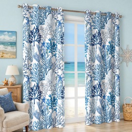 Coastal Nautical Curtains 2 Panels Set Beach Ocean Theme Coral 50% Light Blocking Room Darkening Grommet Window Treatments Starfish Patterned Decotative for Living Room Bedroom Blue, 52x84 Inches
