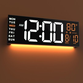 JALL 16" Large Digital Wall Mount Clock, Count Down Timer, Alarm, Big LED, RGB Color, DST, Temperature for Living Room Classroom Desk, Xmas, Birthday Gift for Senior Mom Dad, White Orange