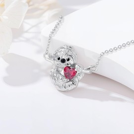 LONAGO Sloth Necklace 925 Sterling Silver Cute Sloth Pendant with Heart Birthstone Jewelry for Women Christmas Gifts（July）