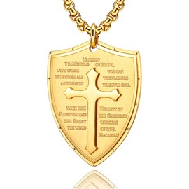 Yaumatea Armor of God Cross Pendant Necklace, Shield of Faith, Ephesians 6:16-17, Religious Amulet, Stainless Steel 24" Chain (Gold)