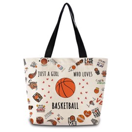 ZhuVantrix Just Love Basketball Tote Bag Reusable Grocery Bags Aesthetic Shopping Shoulder Handbag with Interior Zipper Pocket Stylish Basketball-themed Present for Basketball Lovers Fans Women