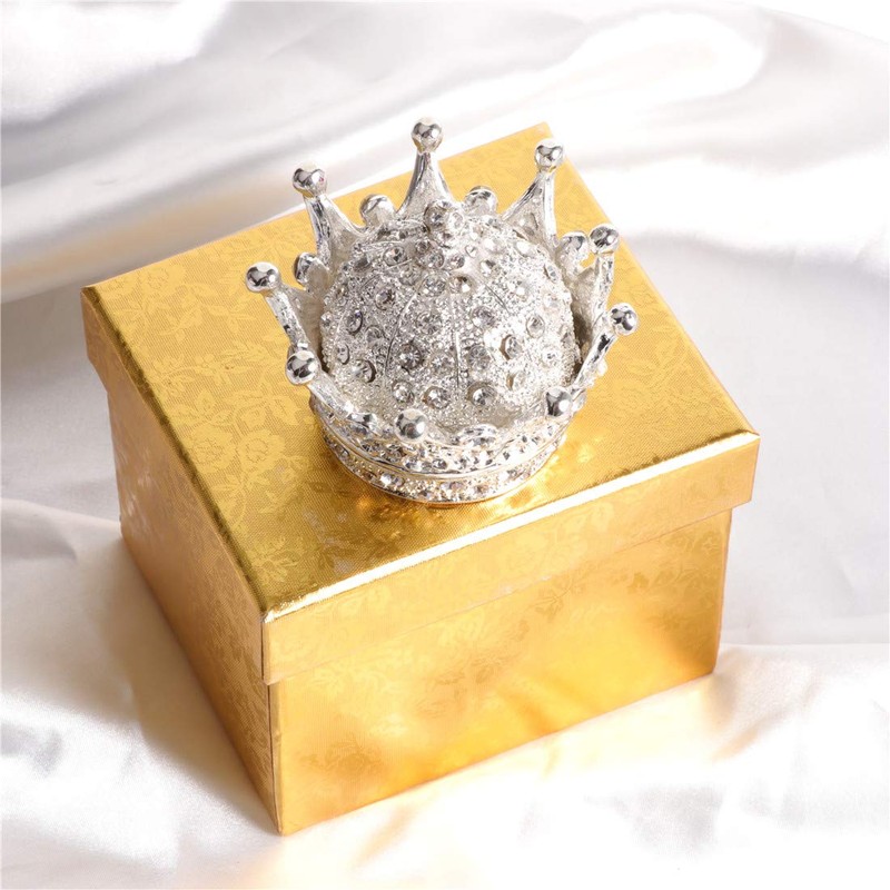 Waltz&F Silver Diamond Crown Ring Holder Jewelry Box Openable Hinged