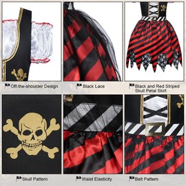Aomig Girls Pirate Costume, 3 Pcs Pirate Role Play Dress Up Set with Pirate Hat & Pirate Eye Patch, Pirate Outfit for Kids, Pirate Princess Deluxe Dress for Pirate Themed Birthday Party Holloween