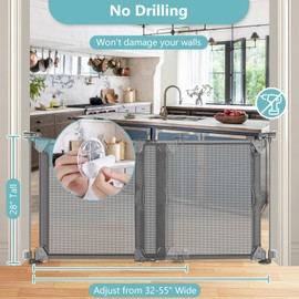 No Screw Adjustable Dog Gates for Doorways Fully Open Sliding 32"-55" Wide No Drilling Mesh Pet Gate Indoor Expandable Baby Gate 28 Inch Tall Step Over Baby Gate for Dog Indoor Swing Child Gate (Gray)