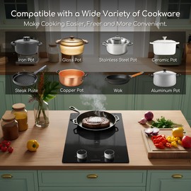 12 Inch Electric Cooktop with 2 Burner,110V-120V, 1800W,Plug in Electric Stove Top,Countertop & Built-in,Glass Radiant Cooktop with 2 Knob & Touch Control,Auto Shutdown,Residual Heat Warning
