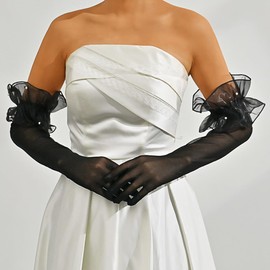 Eyret Women's Sheer Gloves Black Mesh Tulle Super Long Gloves Elastic Pearl Lace Gloves Opera Party Dance Gloves