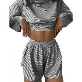 Kistore Women Pajama Set Fall Long Sleeve Top and Shorts Sleepwear 2 Piece PJS Short Set Matching Lounge Set Black White Striped X-Large