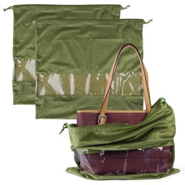 PlasMaller Dust Cover Storage Bags Terylene Flannel Drawstring Pouch with Clear View Window For Handbags Purses Pocketbooks Shoes Boots Set of 2 (17.7 x 15.7 in), Green