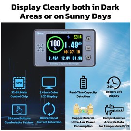 DROK Battery Monitor, DC 8-100V 300A Charge Discharge Split Type Coulometer 12V 24V 36V 48V 60V Coulometer Watt Meter, Capacity Percentage Time Power Voltmeter Ampmeter for RV Solar Panel Golf Cart