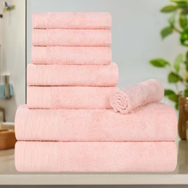 Superior Rayon from Bamboo Blend 8-Piece Towel Set, Luxury Quick Dry, Bathroom Essentials, Shower, Spa, Plush Soft Absorbent Towels, Includes 2 Bath, 2 Hand, 4 Washcloth/Face Towels, Pink