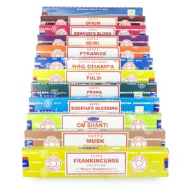 Satya Nag Champa Om Shanti incense set G 12x15gram includes: Nag Champa, Om Shanti, Samyak, Reiki, Frankincense, Dragons Blood, Buddhas Blessing, Opium, Tulsi, Musk, Pyramids, Prana