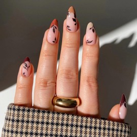 MISUD Press on Nails Almond Medium Fake Nails Glossy Glue on Nails Fall Brown French Tip Acrylic Nails Stiletto Artificial Nails Bling Glitter Stick on False Nails with Leaf Design 24 pcs