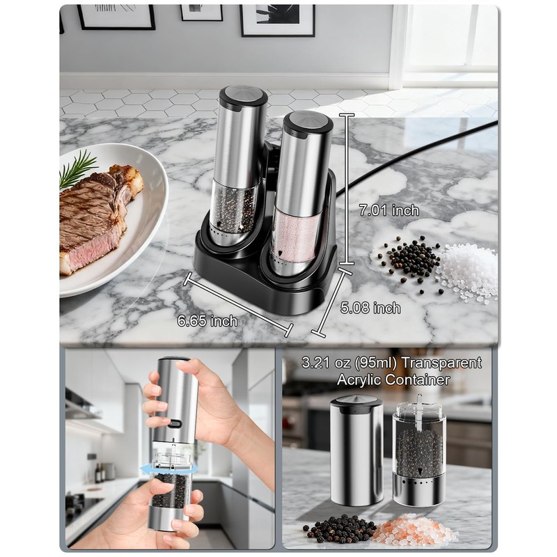 BZPP Electric Salt and Pepper Grinder Set - 6 Adjustable