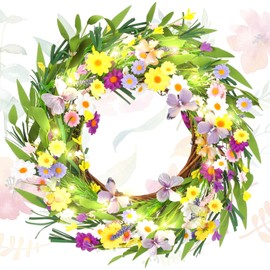 Janinka Summer Wreath for Front Door with Lights 20 Inch Hawaii Flower Wreath Fake Daisy Floral and Lavender Door Wreath for Home Wall Farmhouse Outdoor Party Decor(Yellow Purple Spring)