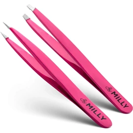ByMilly 100% Stainless Steel Precision Tweezers Set of 2 Tweezers with Tweezers for Eyebrows, Unwanted Hair, Eyelashes, Non-Stress Hair Removal, Nail Tweezers, Unisex, Unisex
