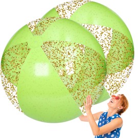 Realspring 2 Pcs 48'' Giant Beach Balls for Swimming Pool 4 Ft Jumbo Glitter Confetti Inflatable PVC Pool Balls Large Summer Blow up Beach Toys for Adults Summer Outdoor Party Favor(Green)