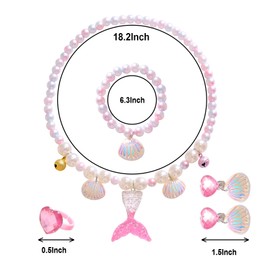 Tasttin Aged 4-8 Girls Mermaid Jewelry Set Includes Pearl Necklace, Bracelet, Ring, and Earrings, Perfect for Dress-Up, Party, or Daily Wear for Birthdays, Holidays, or School Gifts(Pink)