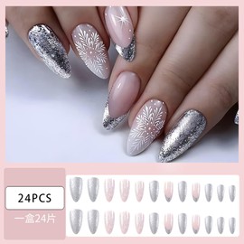 Christmas Press On Nails Medium, Christmas Fake Nails With Glue, Artificial Christmas Nails Glue On， Christmas Nails Press On With Glitter Sequins Snowflake Design，Stick On Nails for Women-24Pcs
