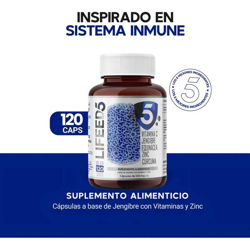 Vitamina C Vitamina D3 Equinácea Zinc Cúrcuma Lifeed5 Inmune Sin