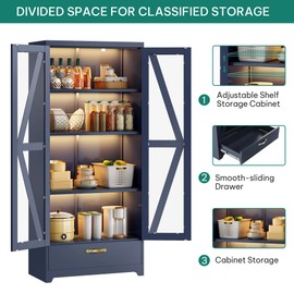 YITAHOME Kitchen Pantry Cabinet with Lights, 61" Metal Storage Cabinets with Adjustable Shelves, Organizer Cabinet with Barn Doors, Freestanding Cupboard with Drawer for Dining Living Room, Navy Blue