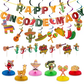 Muswarm 31Pcs Cinco de Mayo Party Decorations Set, Mexico Fiesta Hanging Swirl Supplies and Banner, Honeycomb Centerpieces, Cupcake Toppers Decor Accessories for Mexican Theme Birthday